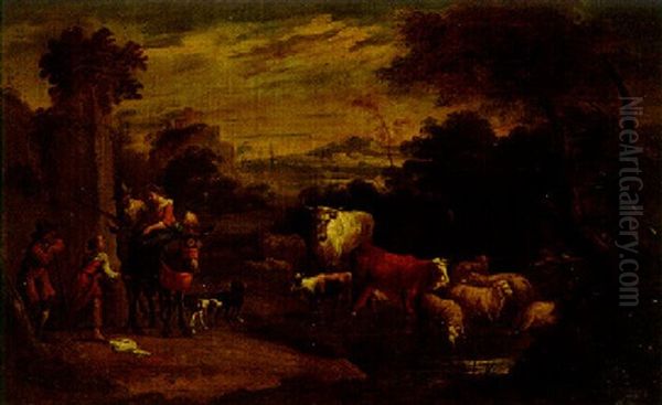 Travellers And Peasants Conversing On A Track With Cattle Watering At A Stream Nearby Oil Painting by Johann Heinrich Roos