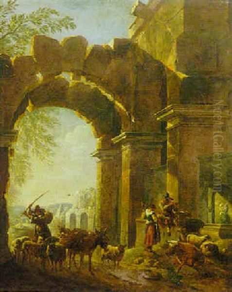 A Drover With Cattle And Other Figures Amongst Ruins, An Italianate Landscape Beyond Oil Painting by Johann Heinrich Roos