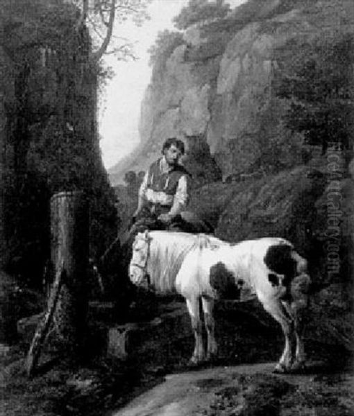 Bauer Mit Zwei Pferden Am Brunnen In Einer Schlucht Oil Painting by Johann Heinrich Roos