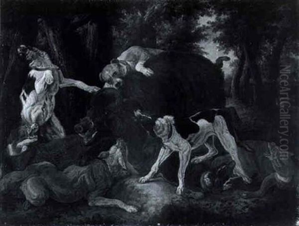 A Boar Hunt Oil Painting by Johann Heinrich Roos