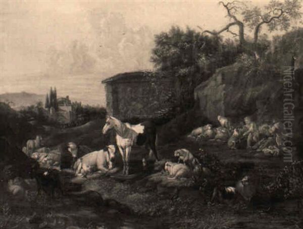 A Horse, Cattle And Sheep Near A Classical Tomb With A Shepherd Nearby by Johann Heinrich Roos