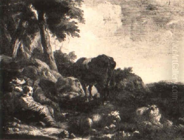 A Drover Sleeping Beneath A Braying Ass, His Companion Watching The Flock Oil Painting by Johann Heinrich Roos