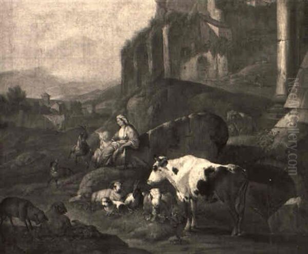 A Horse, Cattle And Sheep Near A Classical Tomb In A Meadow With A Shepherd Oil Painting by Johann Heinrich Roos