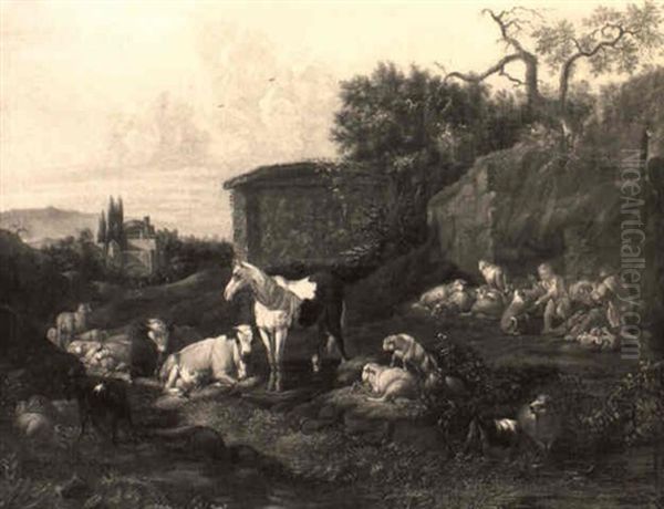 Cows, Sheep And A Goat With A Shepherdess And Her Child By Classical Ruins Oil Painting by Johann Heinrich Roos