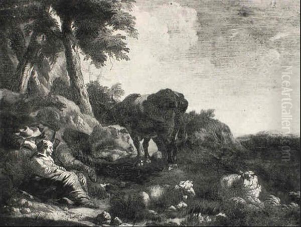 A Drover Catnapping Beside A Braying Ass, His Companion Watching Oil Painting by Johann Heinrich Roos