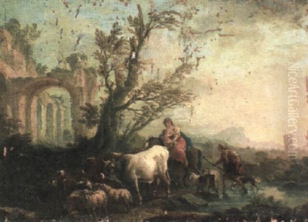 Italianate Landscape With Ruins And Animals by Johann Heinrich Roos