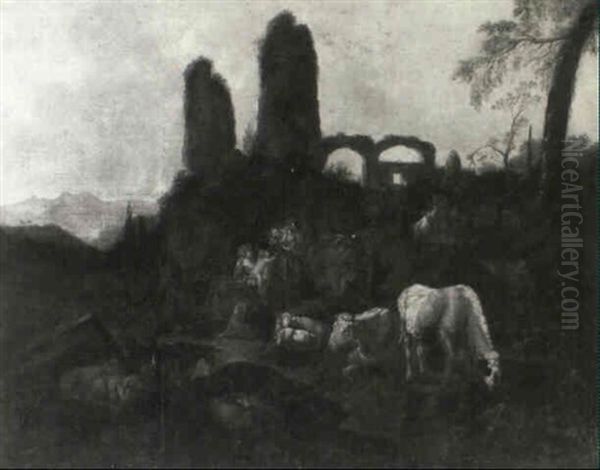 Peasant Family In A Landscape With Cattle, Ruins Beyond Oil Painting by Johann Heinrich Roos