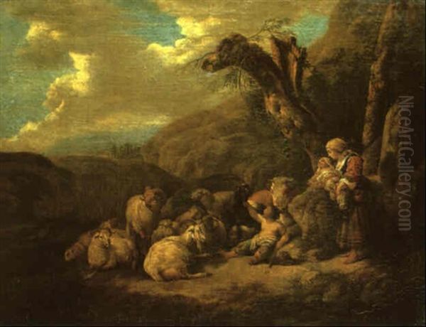 Shepherdess With Her Children And Livestock In A Landscape Oil Painting by Johann Heinrich Roos