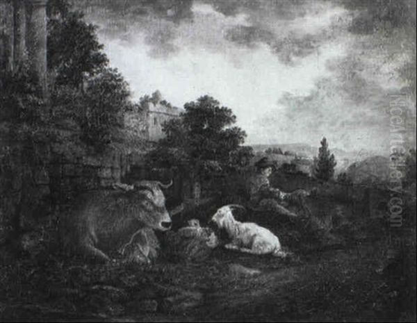 Ein Hirte Mit Herde In Der Campagna Oil Painting by Johann Heinrich Roos