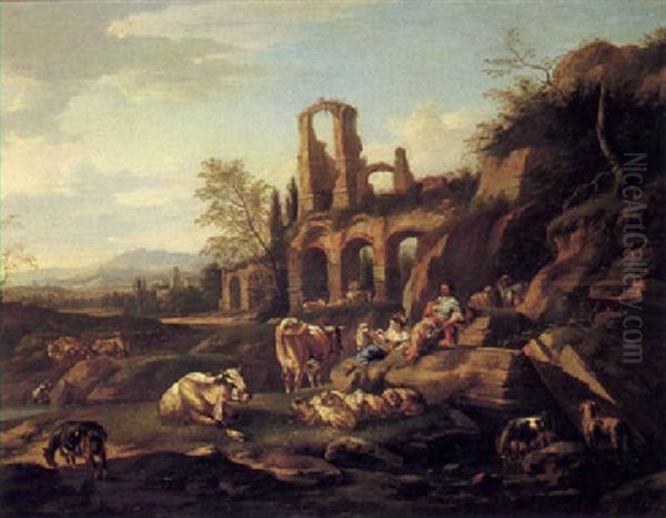 Italianate Landscape With Drovers And Their Animals Resting Beside Ruins Oil Painting by Johann Heinrich Roos