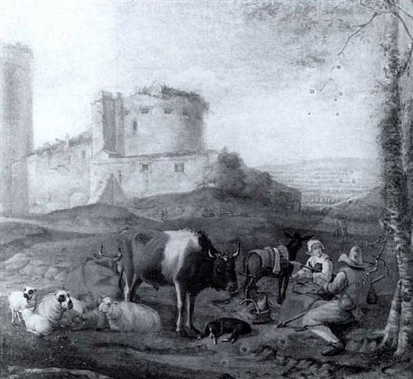 Spinnende Hirtin Und Gefahrte In Romischen Campagna Oil Painting by Johann Heinrich Roos