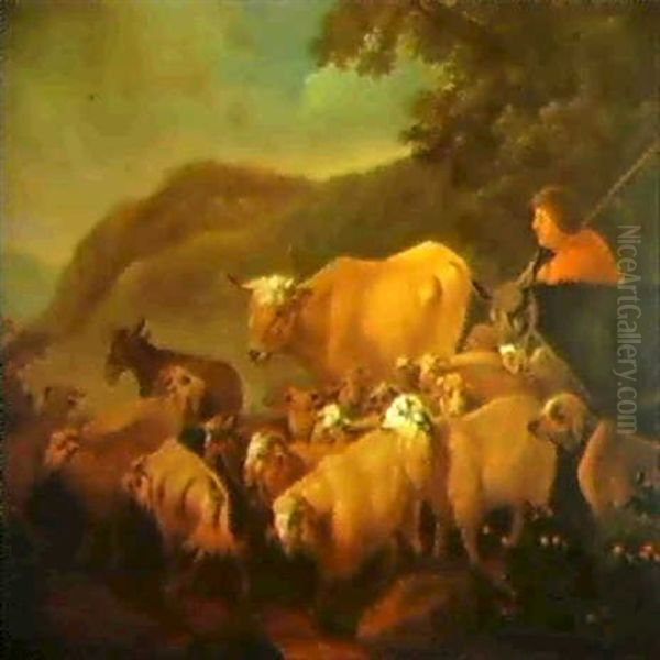 A Herdsman With A Donkey Sheep And An Ox In A Hilly         Landscape Oil Painting by Johann Heinrich Roos