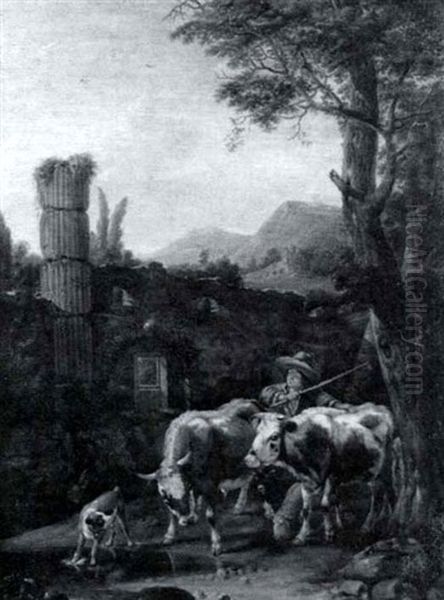 Shepherd With Animals In A Landscape With Ruins Oil Painting by Johann Heinrich Roos