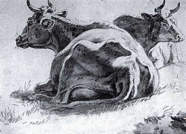 Two Cows In Repose Oil Painting by Johann Heinrich Roos