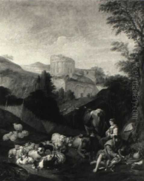 Extensive Landscape With Shepherds And Their Flock Oil Painting by Johann Heinrich Roos