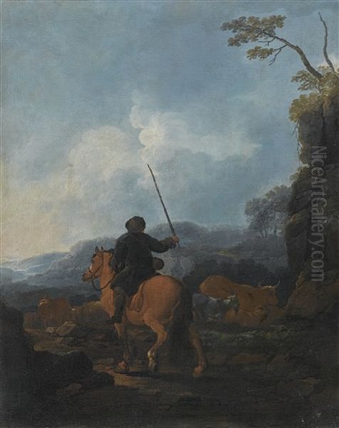 A Shepherd Riding A Horse And Leading His Flock In A Landscape Oil Painting by Johann Melchior Roos