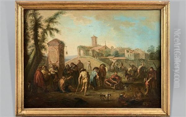 Mendiants Priant Devant Une Statue De Saint Pres D'un Monastere, Comedien De Rue Dans Une Ville Italienne (2 Works) Oil Painting by Johann Melchior Roos