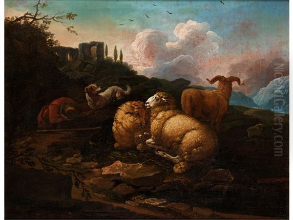 Sudliche Landschaft Mit Schafherde Und Schlafenden Hirten Oil Painting by Johann Melchior Roos