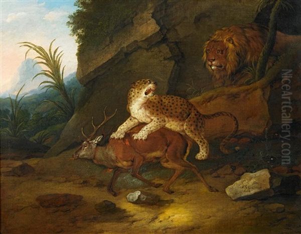 Leopard Und Lowe Mit Erlegtem Hirschen In Orientalischer Landschaft Oil Painting by Johann Melchior Roos