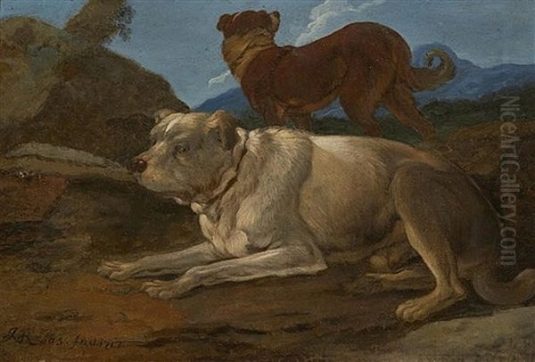 Two Dogs In A Rocky Landscape Oil Painting by Johann Melchior Roos