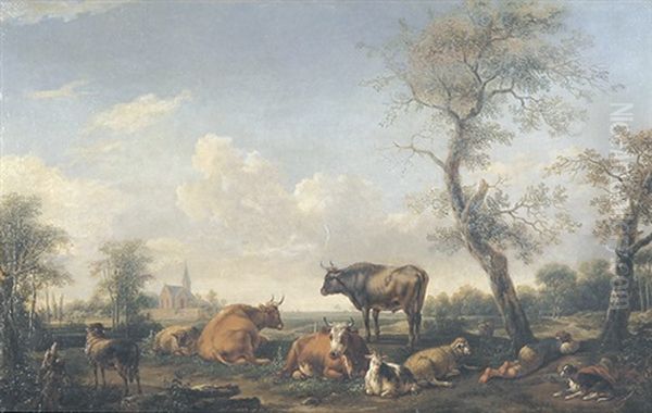 Weite Landschaft Mir Rastender Kuhherde, Ziegen Und Schlafendem Hirten Oil Painting by Johann Melchior Roos