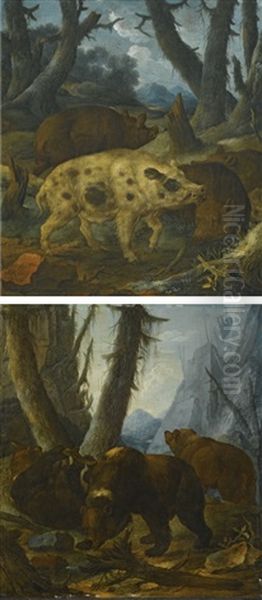 Wild Boars In A Wooded Landscape; And Bears In A Wooded Landscape Oil Painting by Johann Melchior Roos