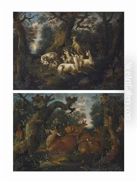 A Wooded Landscape With White Deer; And A Wooded Landscape With A Stag And Deer Oil Painting by Johann Melchior Roos