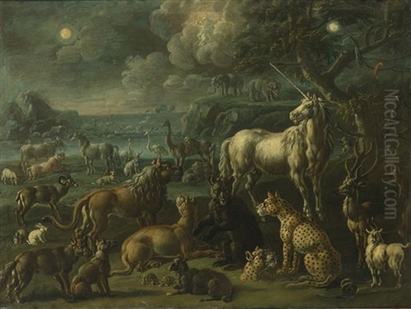 A Fantastical Landscape With A Unicorn, Jaguars, A Bear, Deer, And Other Animals Oil Painting by Johann Melchior Roos