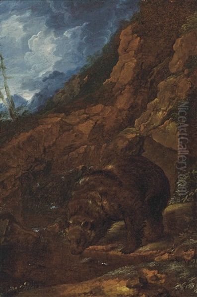 A Wooded Rocky Landscape With A Bear At A Watering Hole by Johann Melchior Roos