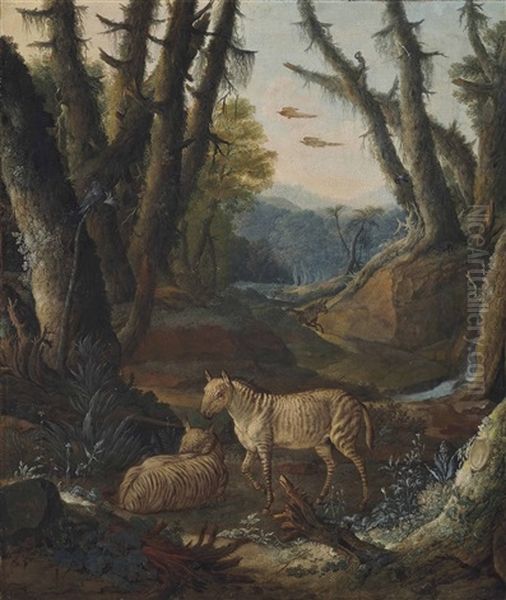 A Wooded Landscape With Zebras Oil Painting by Johann Melchior Roos