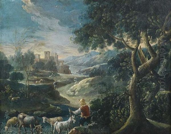 Abendliche Landschaft Mit Hirten Und Vieh Oil Painting by Johann Melchior Roos