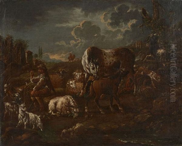 Bergers Et Leur Troupeau Oil Painting by Johann Melchior Roos