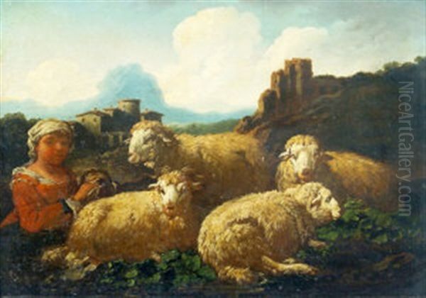 A Shepherdess And Sheep In A Mountain Landscape And Shepherd With His Dog And Sheep In A Mountain Landscape Oil Painting by Johann Melchior Roos