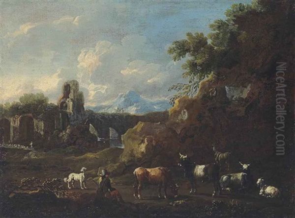 A Wooded Landscape With A Shepherd And His Flock, Ruins Beyond Oil Painting by Johann Melchior Roos