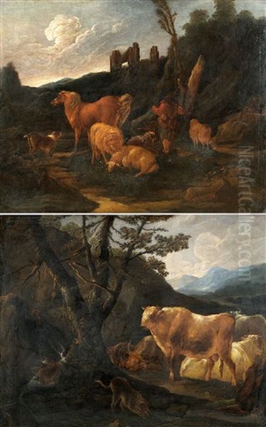 Zwei Landschaften Mit Tieren (2 Works) Oil Painting by Johann Melchior Roos