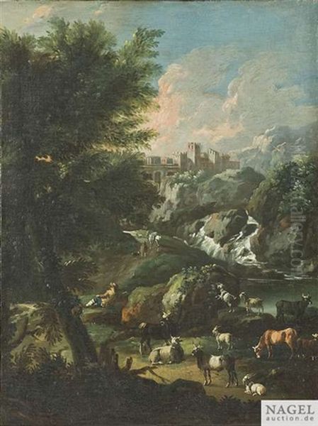 Italienische Landschaft Mit Burg Und Einer Viehherde Am Wasserfall Oil Painting by Johann Melchior Roos