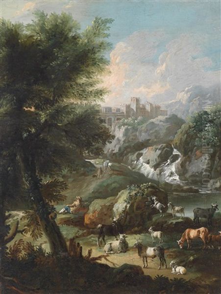 Campagnalandschaft Mit Hochgelegener Burg, Wasserfall Und Viehherde Oil Painting by Johann Melchior Roos