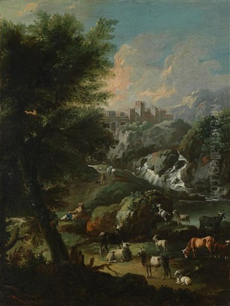 Campagnalandschaft Mit Hochgelegener Burg, Wasserfall Und Viehherde Oil Painting by Johann Melchior Roos