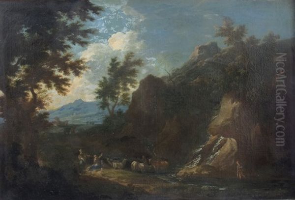 Landscape With A Shepherd And His Flock Oil Painting by Johann Melchior Roos