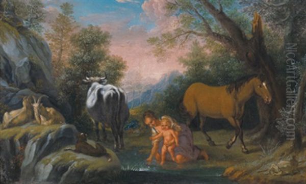 Bewaldete Landschaft Mit Einer Hirtin, Einem Kleinen Kind Und Tieren An Der Wasserstelle Oil Painting by Johann Melchior Roos