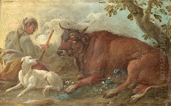 A Herder With His Dog And A Bull (+ Another; Pair) Oil Painting by Johann Melchior Roos