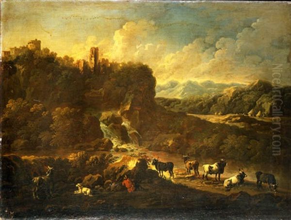 Paesaggio Con Pastori E Armenti E Borgo Turrito In Lontananza Oil Painting by Johann Melchior Roos