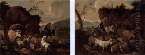 A Shepherdess On A Donkey And Her Herd Travelling (+ A Shepherd And His Wife With Their Herd Resting; Pair) Oil Painting by Johann Melchior Roos