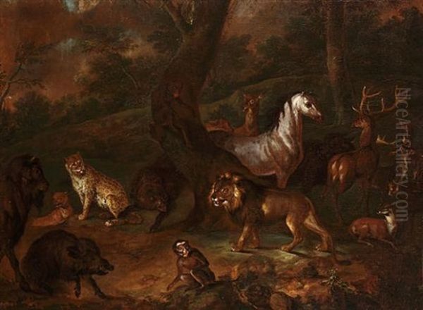 Stags, Hinds, A Horse, Lions, A Bear, A Cheetah, Wild Boar, A Monkey And A Bison In A Wooded Glade Oil Painting by Johann Melchior Roos