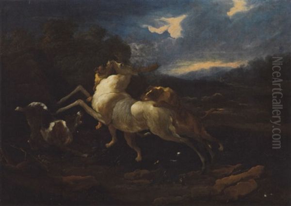 Weisser Damhirsch Von Hundemeute Gestellt Oil Painting by Johann Melchior Roos