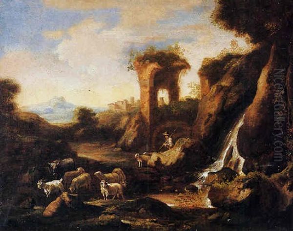 Paesaggio Italianizzante Con Rovine E Gregge Oil Painting by Johann Melchior Roos