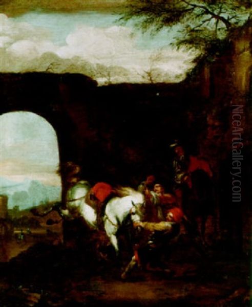 Farriers Restraining A Horse Oil Painting by Johann Melchior Roos