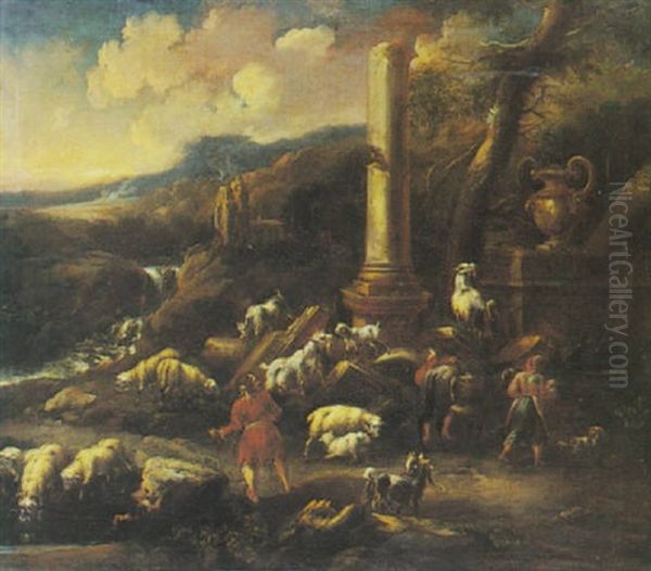 Italienische Landschaft Mit Ziegen, Schafen Und Hirten Oil Painting by Johann Melchior Roos