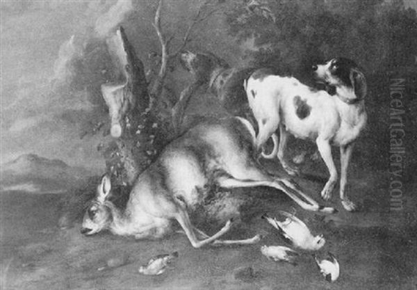 Hounds Attacking A Stag In An Italianate Landscape Oil Painting by Johann Melchior Roos