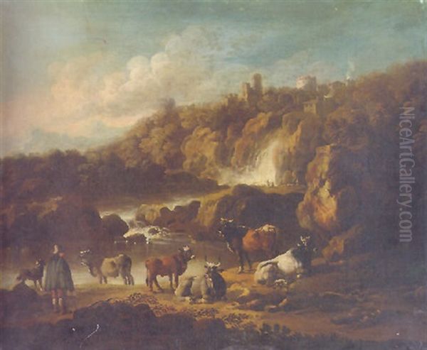 A Mountainous Landscape With A Drover And Cattle By A River Oil Painting by Johann Melchior Roos